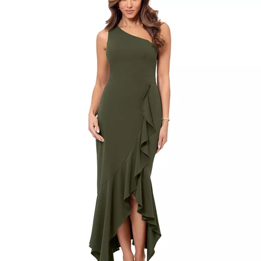 XSCAPE Women's One-Shoulder High-Low Dress Olive Size 10